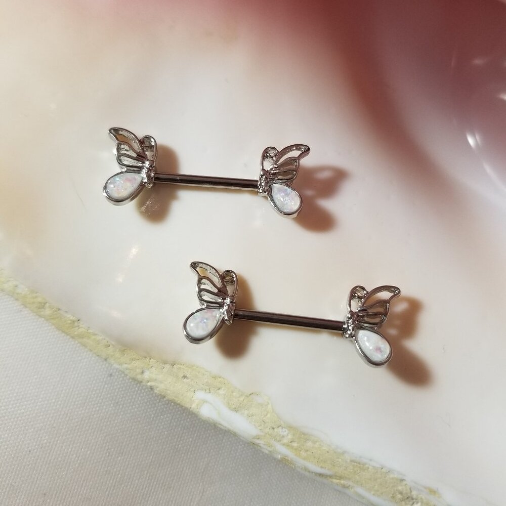 Pair of 14G Butterfly nipple bars with white imitation opal design NWT